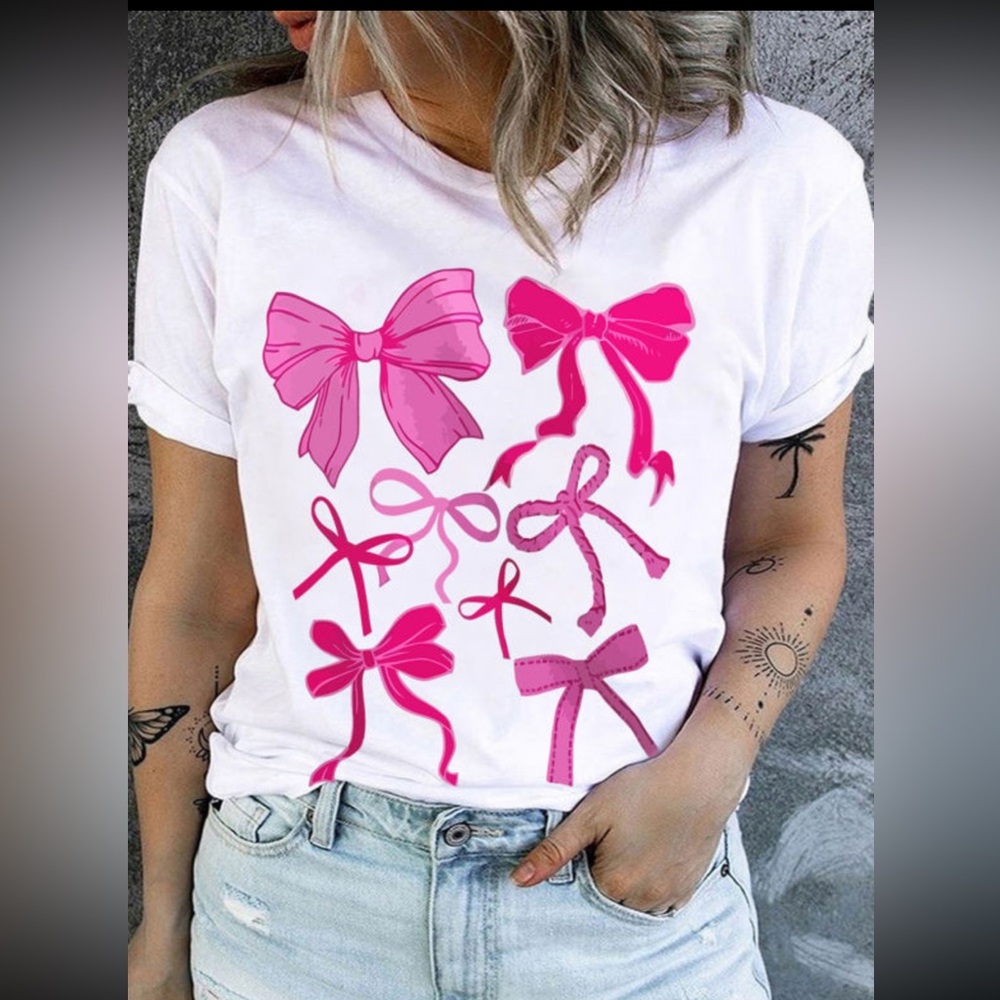 1019. ❄️Bow print cuffed short sleeve T-Shirt white